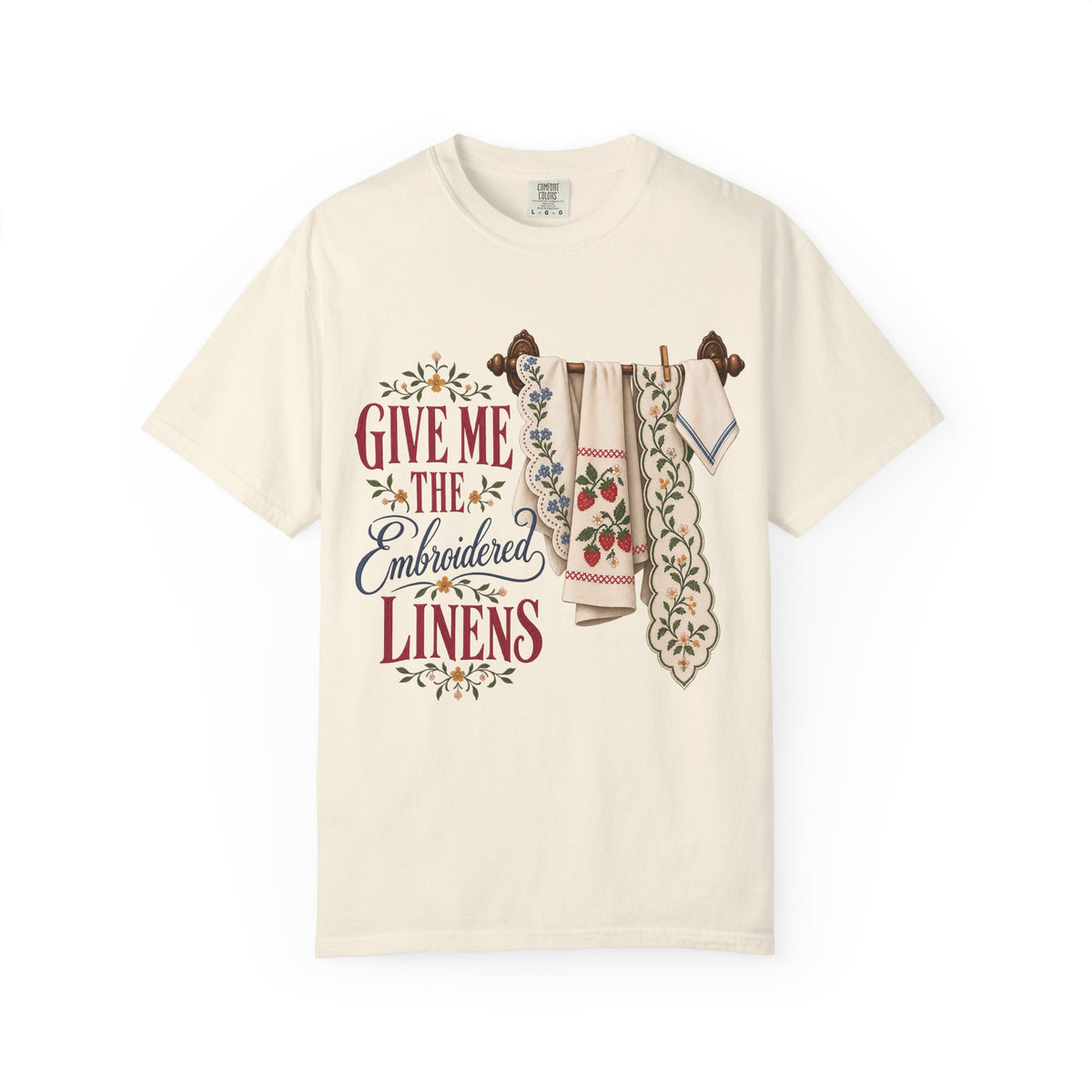 Give Me the Embroidered Linens Vintage Tee | Vintage Tea Towel Shirt | Gift for Linen Lovers