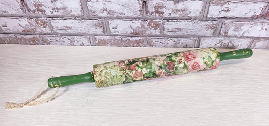 Upcycled Floral Rolling Pin Decor | Distressed Wood & Rose Decoupage | Cottage Farmhouse Style
