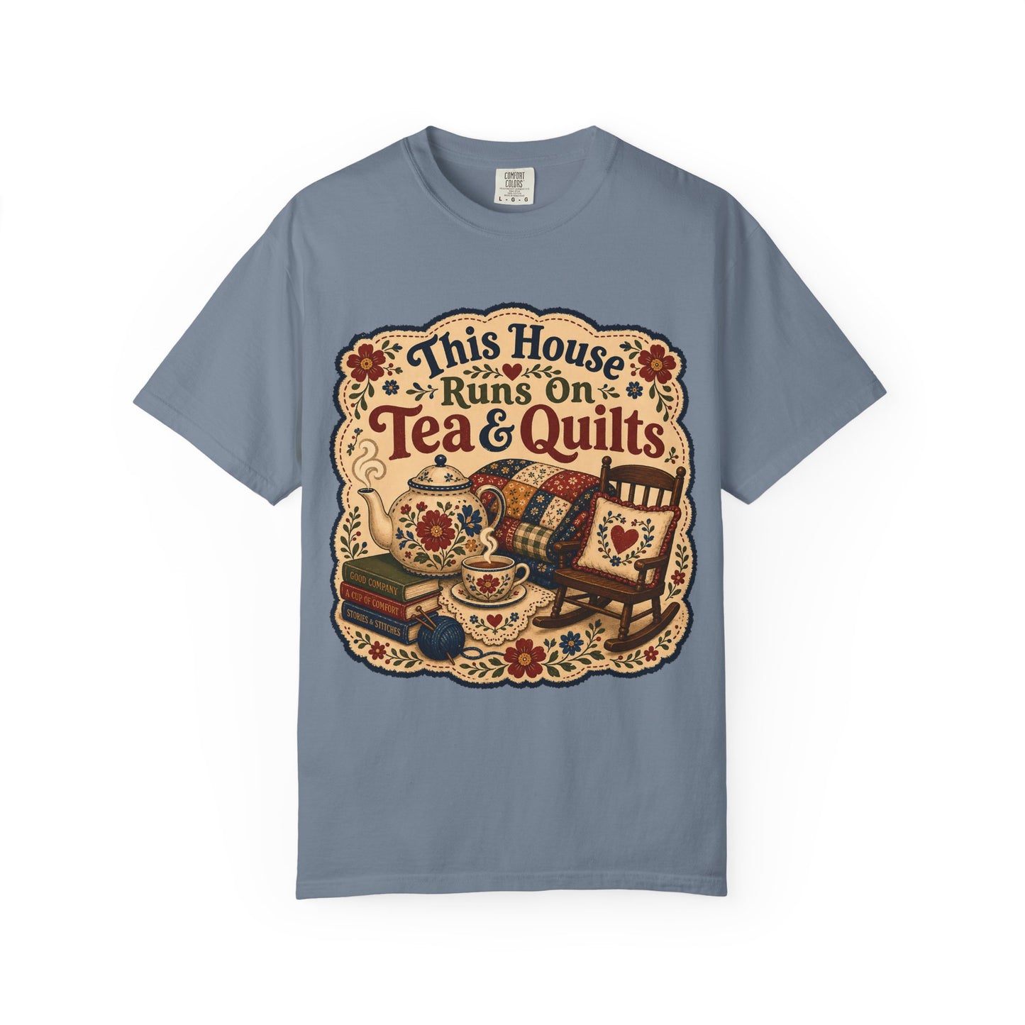 This House Runs On Tea And Quilts Vintage Tee | Grandmacore Rocking Chair Shirt | Gift for Quilters