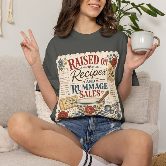 Raised On Recipes And Rummage Sales Vintage Tee | Grandmacore Kitchen Shirt | Gift for Bakers & Thrifters