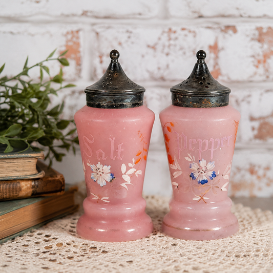 Antique Victorian Pink Satin Glass Salt & Pepper Shakers | Hand Painted Floral | Vintage Kitchen Decor