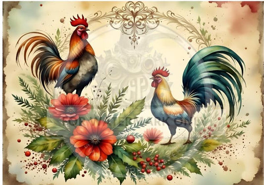 Country Roosters and Bloom Rice Paper