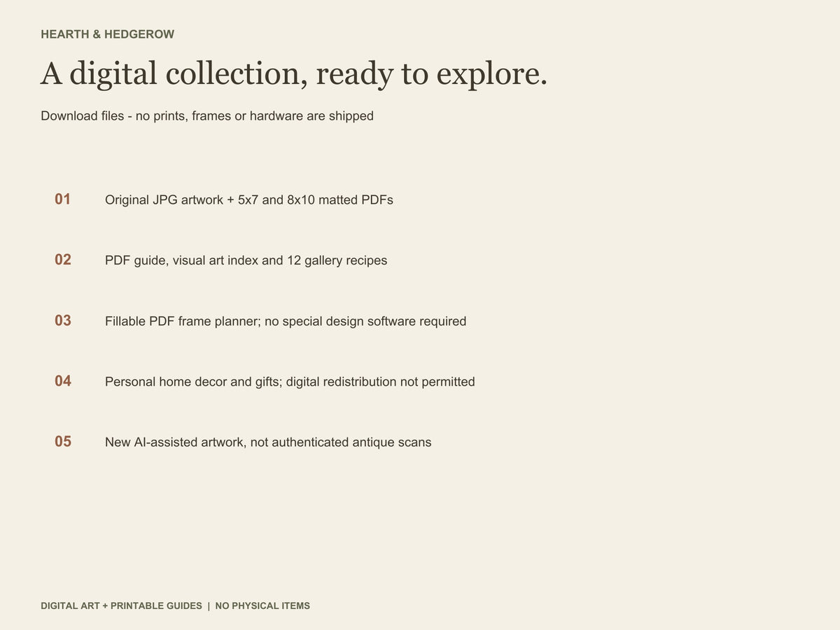 Digital bundle includes JPG art, matted PDFs, a styling guide, and a planner. AI-assisted artwork for personal use; no physical items shipped.