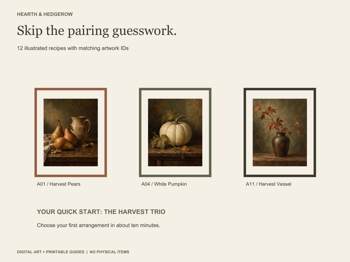 Coordinating autumn gallery trio featuring pears and a jug, a white pumpkin, and a vase of fall leaves in warm vintage-style frames.