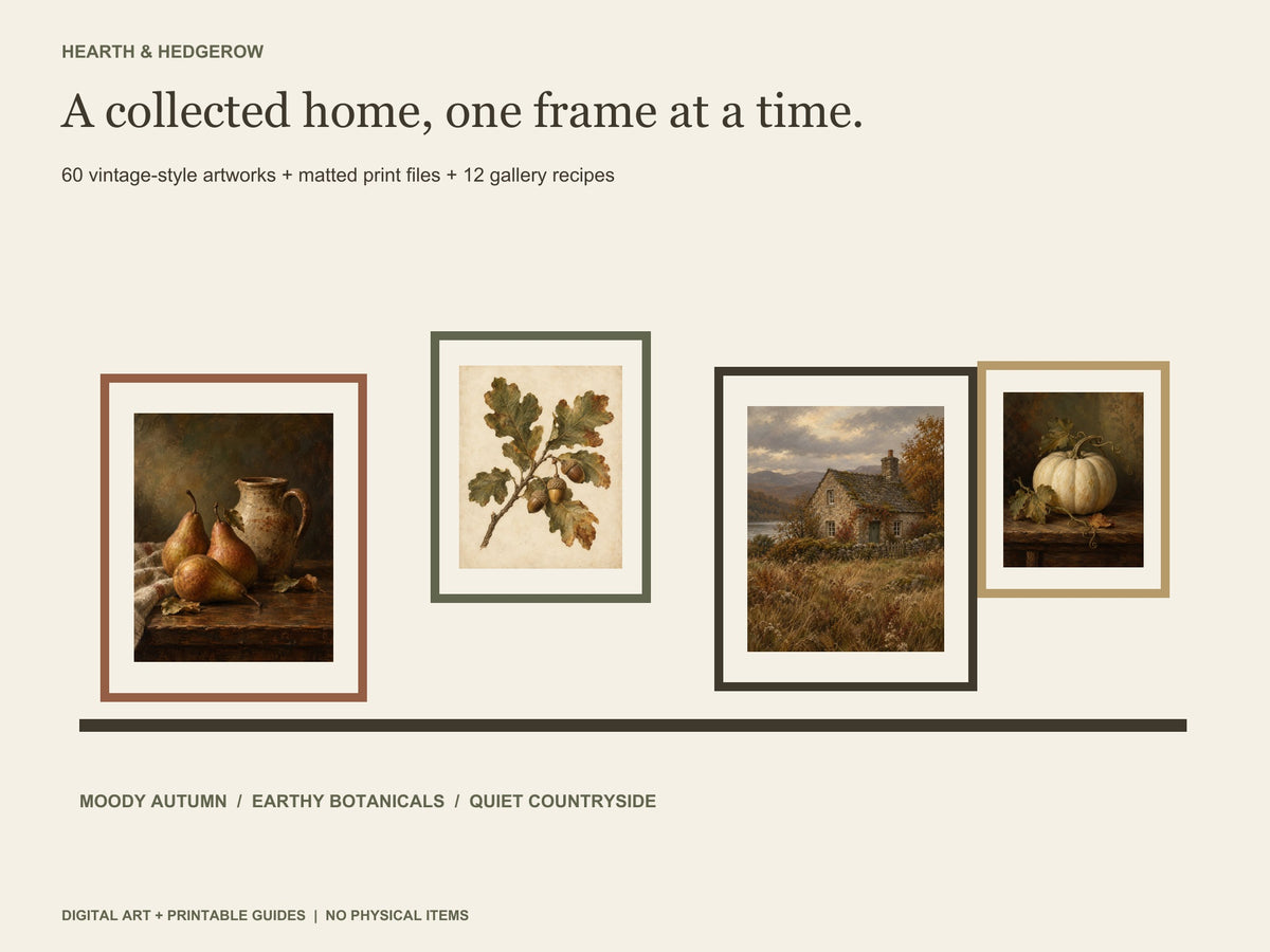 Hearth & Hedgerow printable art bundle showing pears, oak leaves, a countryside cottage and a pumpkin in coordinating frames.