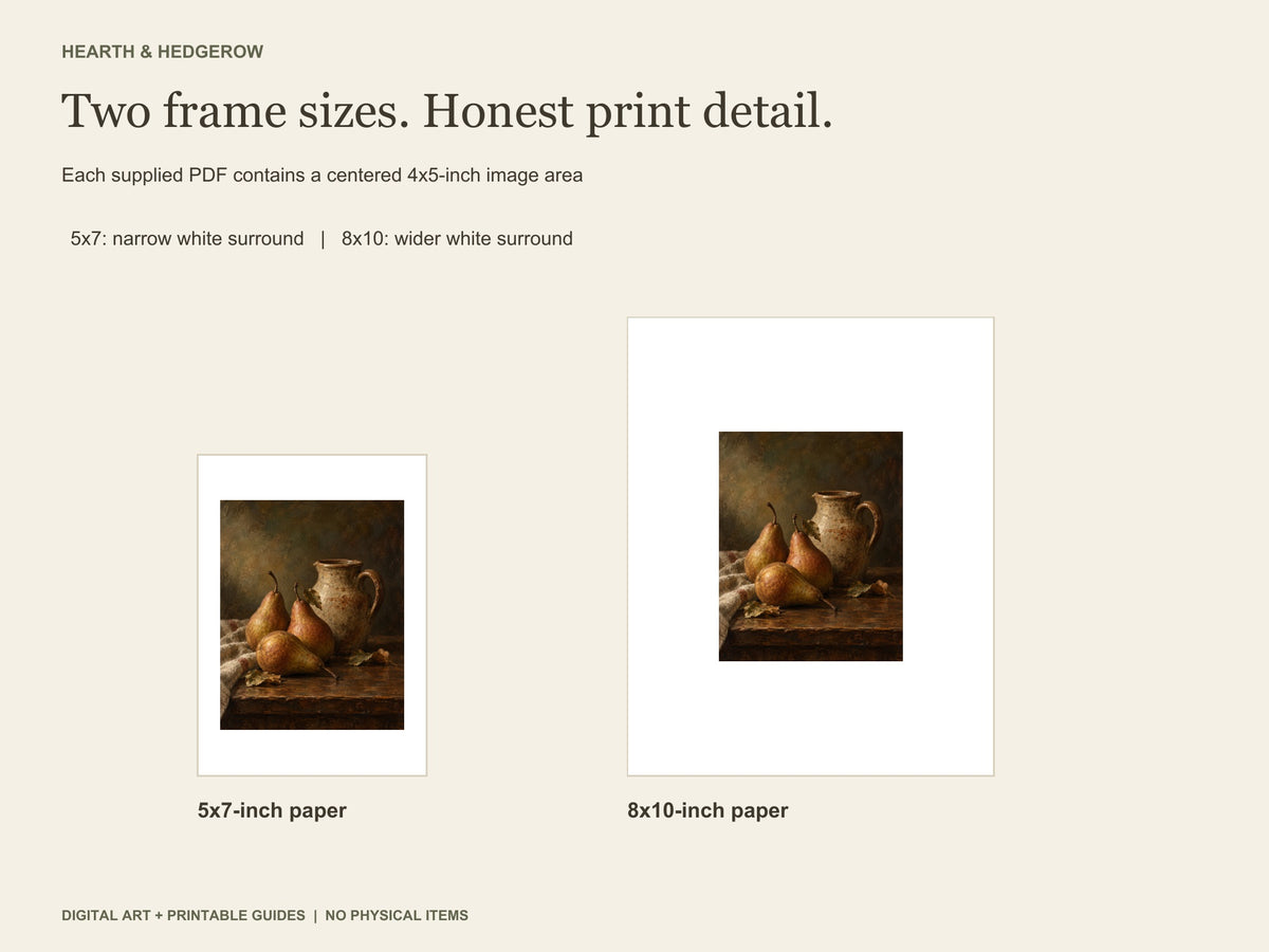 The same pear artwork on 5×7 and 8×10-inch paper, both with a centered 4×5-inch image area; the larger sheet has wider white borders.