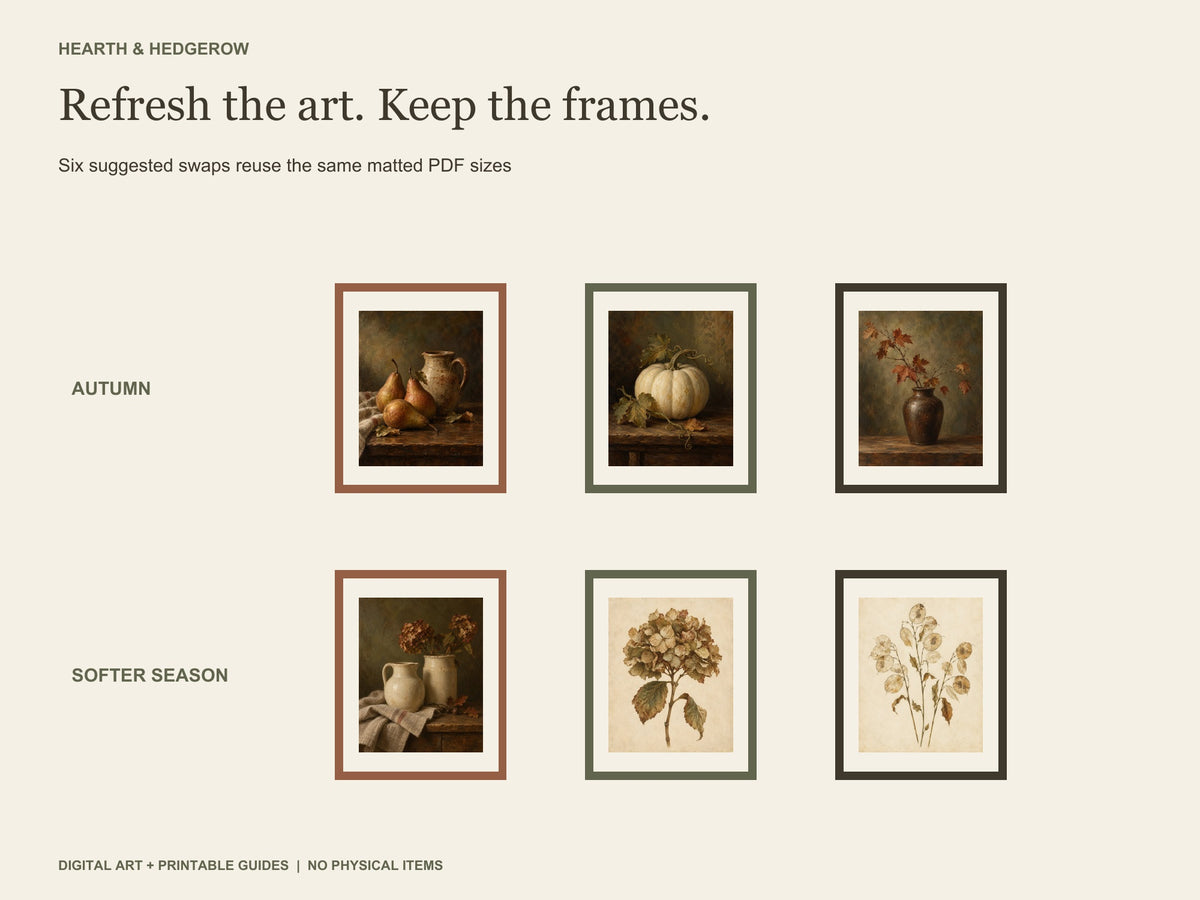 Two three-print arrangements show seasonal swaps in the same frames: autumn pears, pumpkin, and leaves replaced by creamware and botanicals.