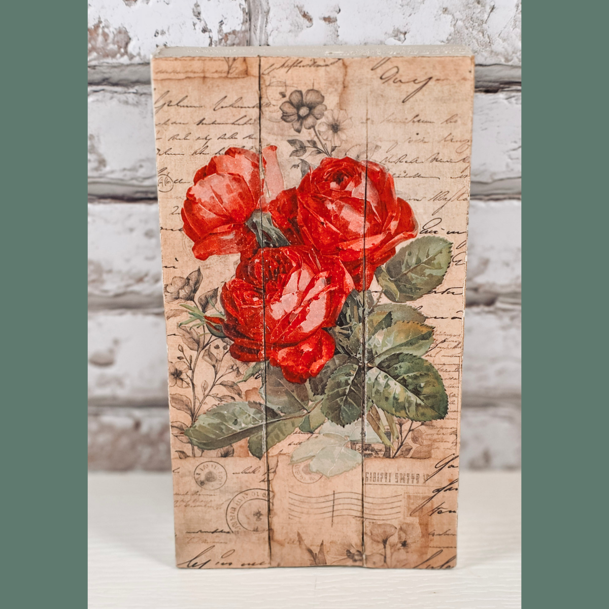 Handmade Upcycled Vintage Rose Shelf Sitter | Decoupage Cottage Decor | Floral Farmhouse Block