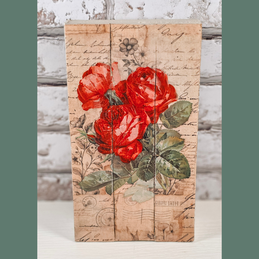 Handmade Upcycled Vintage Rose Shelf Sitter | Decoupage Cottage Decor | Floral Farmhouse Block
