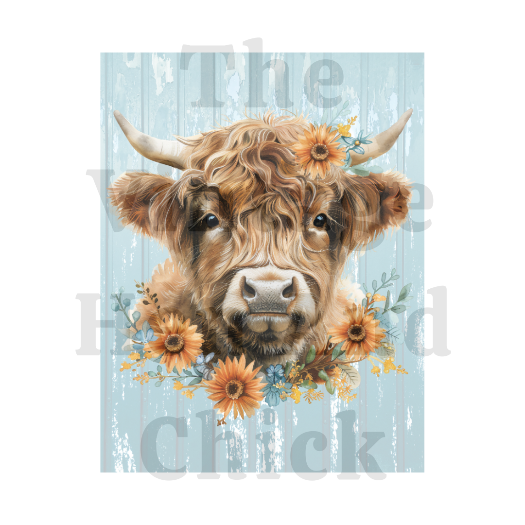 Highland Cow Wall Art Printable – Vintage Farm Animal Design with Sunflowers (PDF)
