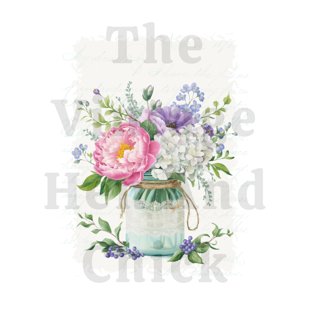 Vintage Mason Jar Floral Printable – Peony & Hydrangea Art for Crafts and Wall Décor (PDF)