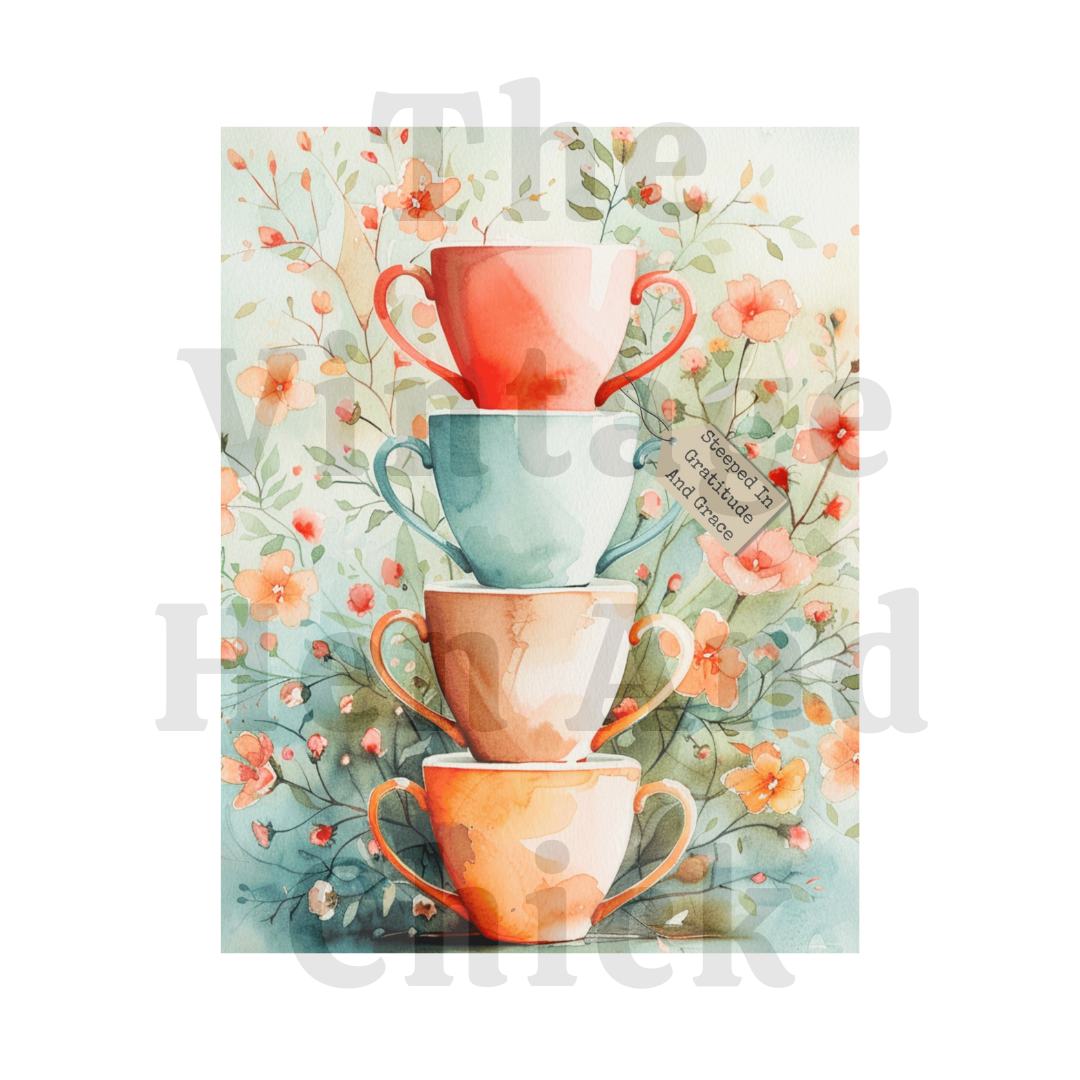 Steeped in Gratitude Printable – Watercolor Teacup Stack Art for DIY Projects (PDF)