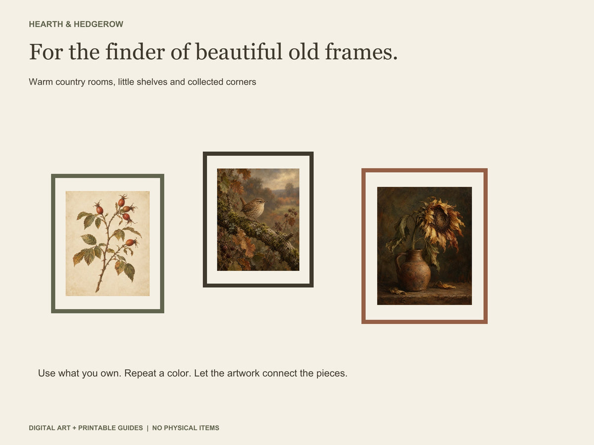 Rosehip botanical, woodland wren, and faded sunflower artworks displayed in mismatched olive, dark brown, and rust-colored frames.