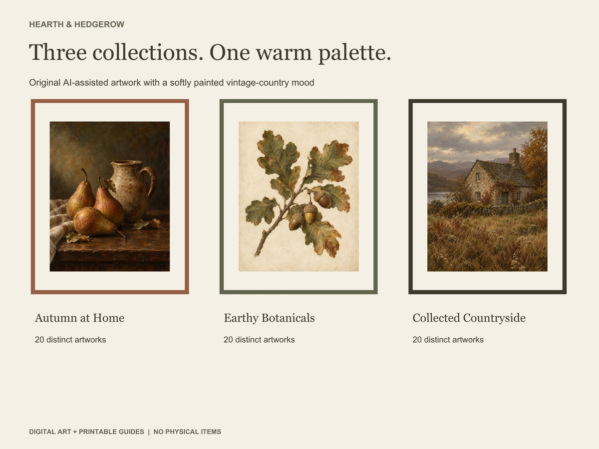 Three coordinated art collections: autumn pears, an oak botanical study, and a countryside cottage, with 20 artworks in each collection.