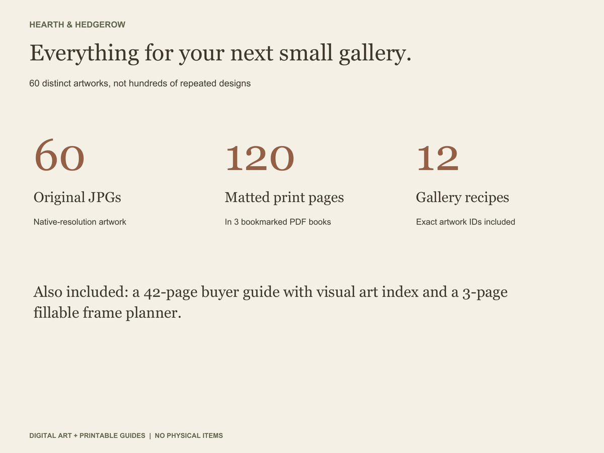 Bundle contents: 60 JPG artworks, 120 matted print pages, 12 gallery arrangements, a 42-page guide, and a three-page fillable frame planner.